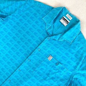 Vintage SURF GEAR Shirt Mens Large Blue Wave Pattern SS Camp‎ Button Up